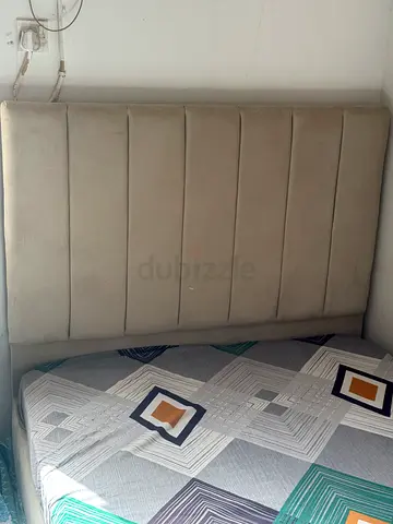Beige Upholstered Padded Headboard - Single bed with mattress (Good Condition)