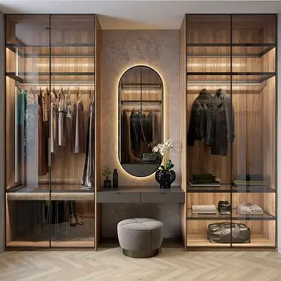Modern Glass-Front Wardrobe / Built-in Closet Units with Vanity