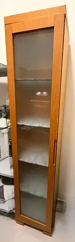 Slim Oak Glass-Front Cabinet - Tall Storage Unit