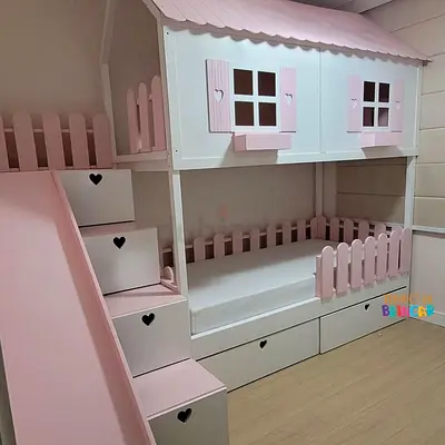 Kids Pink and White Play House Bunk Bed with Slide