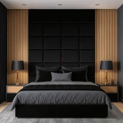 Modern Black Upholstered Bed with Matching Nightstands