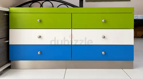 Low 6-Drawer Colorful Chest (Green/White/Blue) - Good Condition