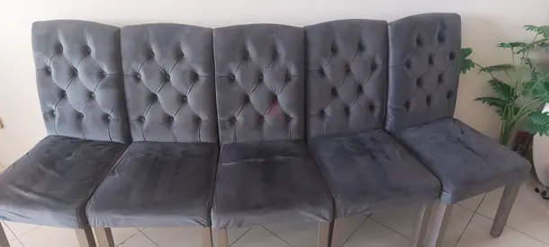 Set of 5 Grey Velvet Upholstered Dining Chairs — Good Used Condition