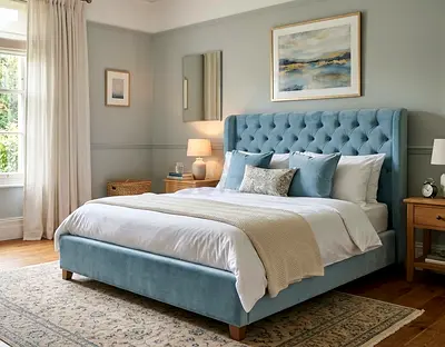 Light Blue Tufted Upholstered Double Bed Frame with Headboard