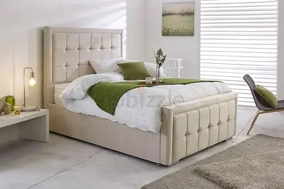 Queen upholstered bed frame with padded headboard and footboard - light beige