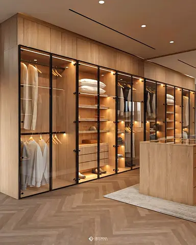 Modern Glass-Door Wardrobe/Closet System - Light Wood Finish (Showroom Photo)
