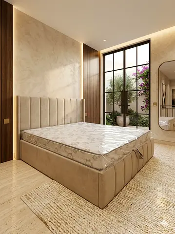 King Size upholstered storage bed with mattress - beige