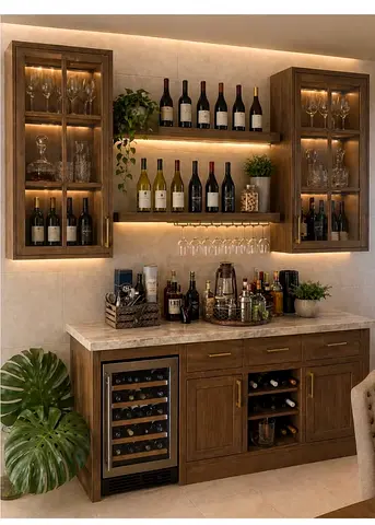 Solid Wood Home Bar Cabinet with Wine Storage and Glass Display