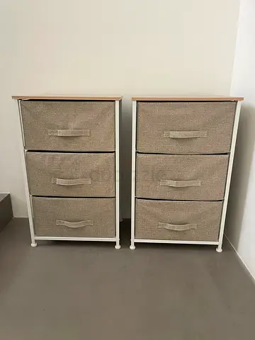 Pair of small 3-drawer fabric storage cabinets - beige  white