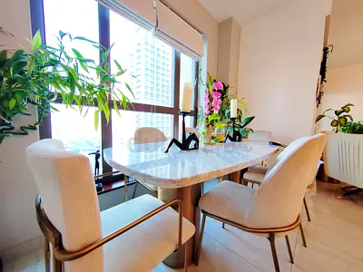 Marble-top Dining Table with 8 Velvet beige Chairs