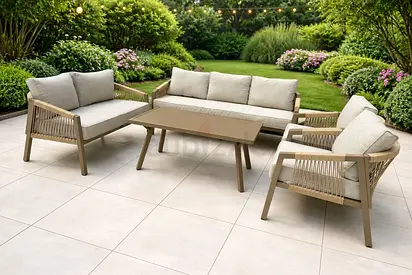 Outdoor 4-Piece Garden Sofa Set with Coffee Table - Beige Cushions