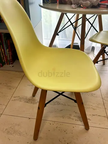 Kids Set of Modern Yellow Table + two Dining Chairs with Wooden Legs