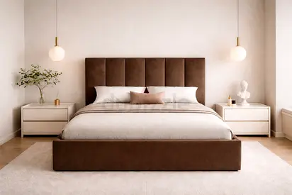 Brand New Brown upholstered queen bed with padded headboard