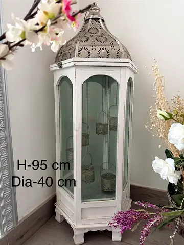 White Wooden Hexagonal Glass Lantern/Cabinet with Decorative Metal Top - 95cm H