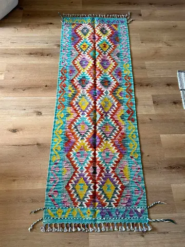 Authentic Handmade Turkish Kilim Runner – Vibrant Teal Multicolour