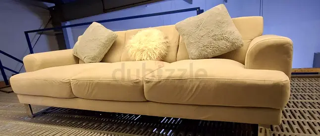 Comfortable 3 Seater Beige Fabric Sofa with Pillows