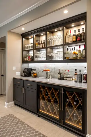 Built-in Home Bar Cabinet with Wine Rack and Glass Display
