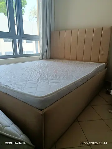 Beige Upholstered Double Bed with Headboard (Good Condition)
