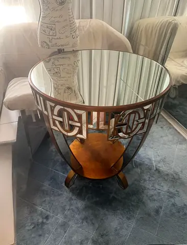 Round Wooden Side Table with Mirrored Top