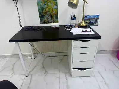 Black top study desk with 5-drawer white pedestal - good condition
