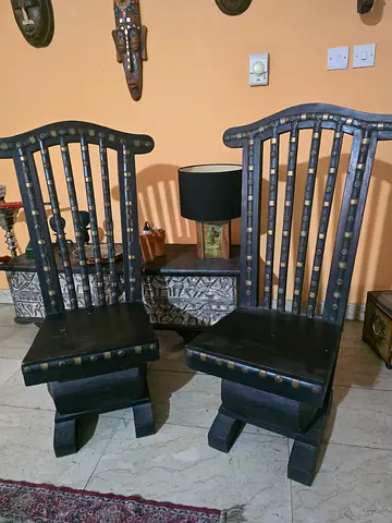 2 Wooden Chairs with Decorative Slats, brass inlay work.