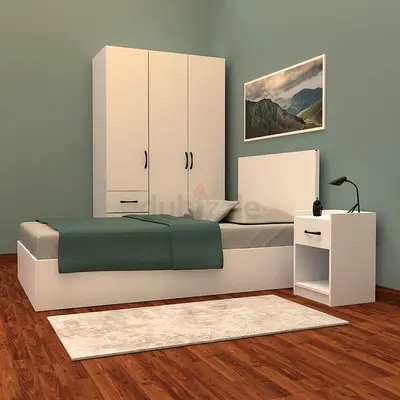 White 3-Piece Bedroom Set: Bed, Nightstand  Wardrobe