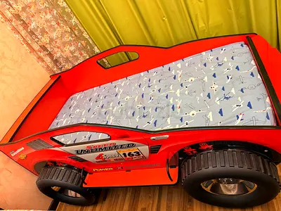 Red Race Car Kids Bed Frame with Wheel Design