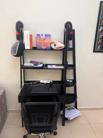 Black Metal Wall-Mounted Shelving Unit with Desk Space and Wheels (Used)