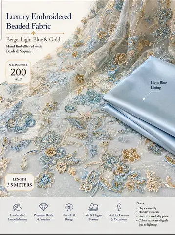 Luxury Embroidered Beaded Fabric - Beige, Light Blue  Gold (3.5m)