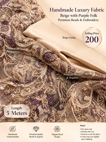 Handmade Luxury Embroidered Fabric - Beige with Purple Folk, 5 Meters