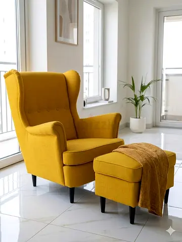 Mustard Yellow Wingback Armchair with Matching Ottoman - Good Condition