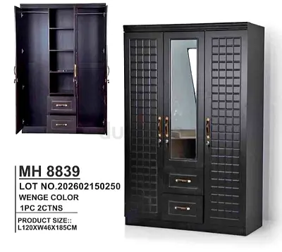 Wenge 3-Door Wardrobe with Mirror  Drawers (MH 8839) - L120 x W46 x H185 cm