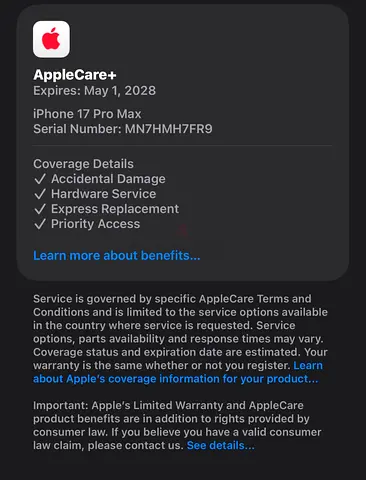 AppleCare+ coverage (iPhone 17 Pro Max) — valid until May 1, 2028