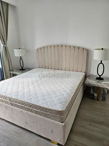 Queen upholstered bed frame with mattress and bedside tables (set)