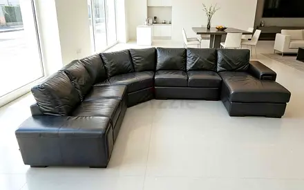 Large Black Leather U-Shaped Sectional Sofa with Chaise