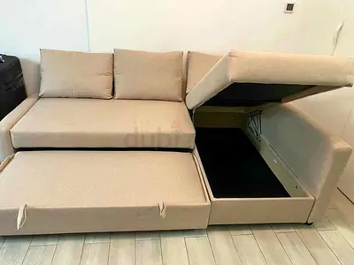 Beige Fabric L-Shaped Sofa with Storage and Pull-Out Bed