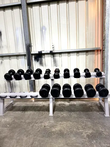 Set of Rubber-Coated Dumbbells on 2-Tier Rack - Various Weights