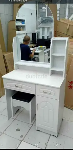 White Wooden Dressing Table with Mirror and Stool