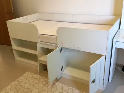White Wooden Kids Loft Bed with Storage and Mattress — Good Condition
