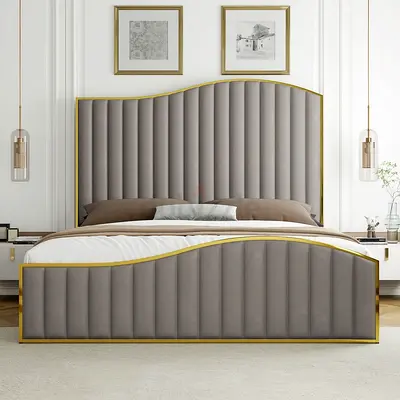 Modern Upholstered Bed with Gold Trim and Wave Design