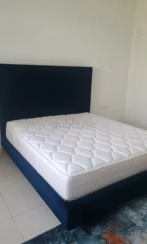 Navy Blue Upholstered Bed with Mattress