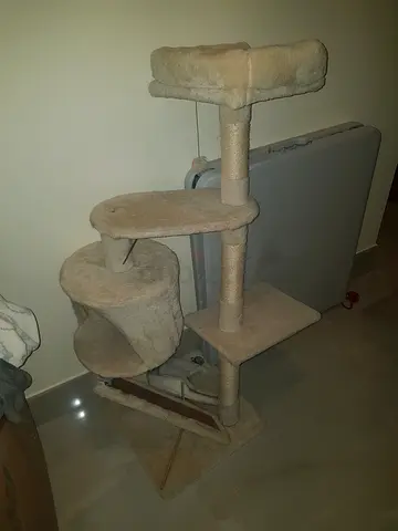 Beige multi-level cat tree with scratching posts and perches