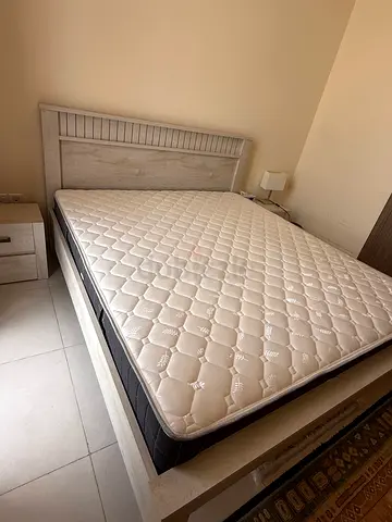 King bed frame with mattress - light wood,  very good condition