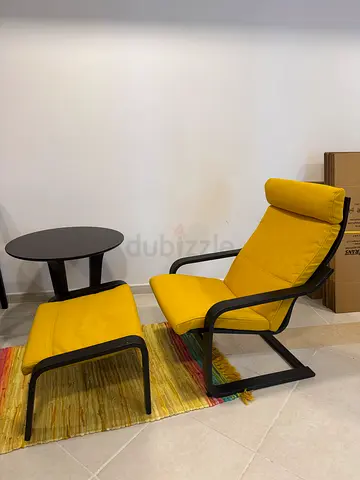Set of Yellow Lounge Chairs with Small Round Side Table