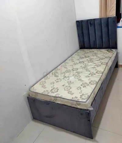 Single upholstered bed with mattress - grey velvet, good condition