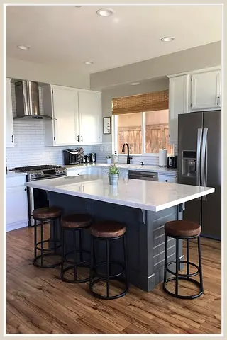 Modern kitchen island with 4 round bar stools - white quartz top