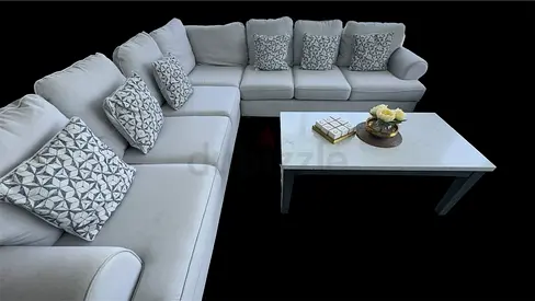 Light Grey L-Shaped Corner Sofa with Coffee Table - Good Condition