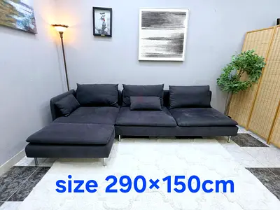 Large L-shaped Black Fabric Sofa - 290 x 150 cm, Good Condition