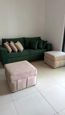 Dark Green 3-Seater Sofa with Two Beige Ottomans - Good Condition