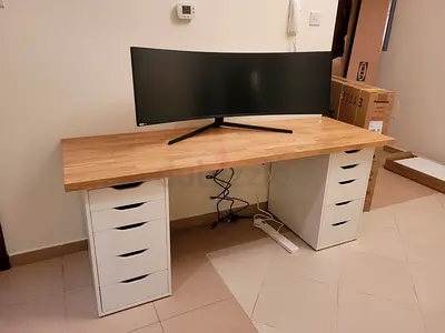 IKEA-Full Desk: x2 ALEX wood drawer 36x70 white + Desktop wood board- KARLBY N WT 186X3.8 OAK